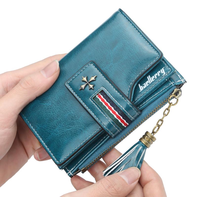 

Wallets Women's Oil Wax Leather Wallet Fashionable Small Coin Purse Zipper Tassel High Quality Short 2022Wallets, Blue