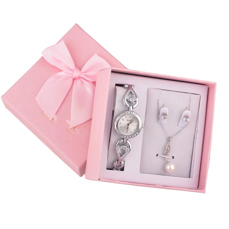

Wristwatches 3pcs Woman Watch Set Women Bracelet Watches Casual Ladies Dress Wristwatch Earrings Necklace Suit Female Quartz Clock Gifts Box