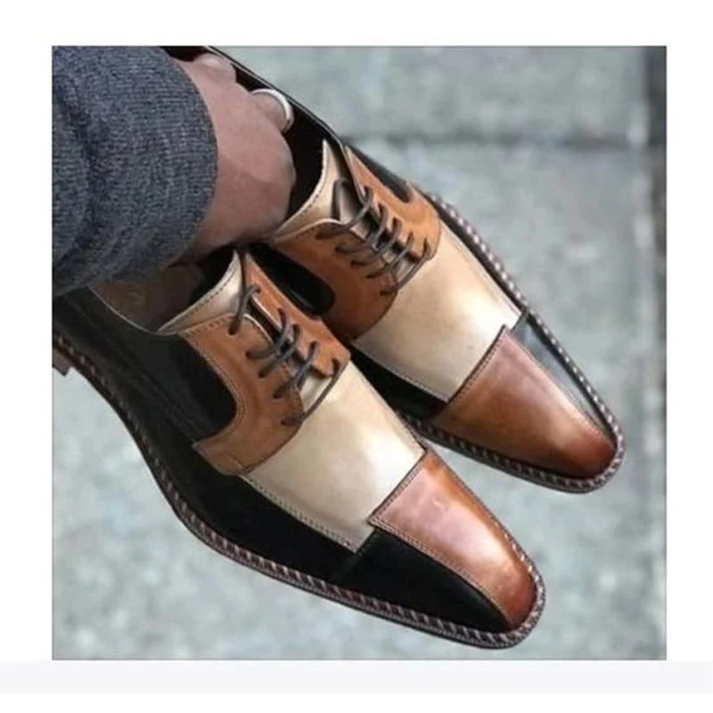 

Men Pu Leather Shoes Low Heel Lace Up Patchwork Comfortable Casual Dress Brogue Spring Vintage Classic Male Casual NE039, Blue