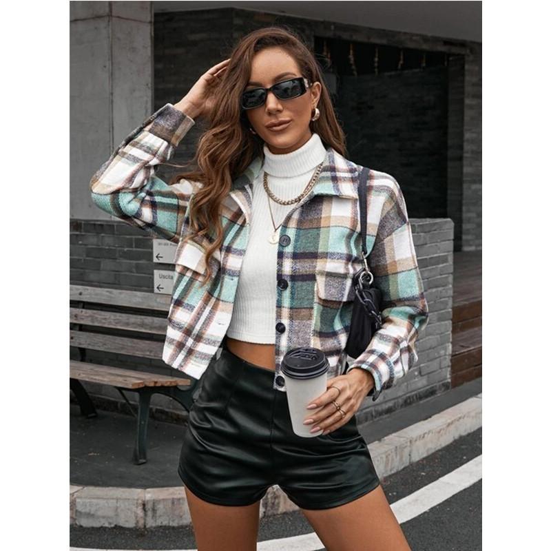 

Women' Wool & Blends Autumn And Winter Products Ladies Fashion Lapel Plaid Loose Shirt Woolen Short Coat JacketWomen