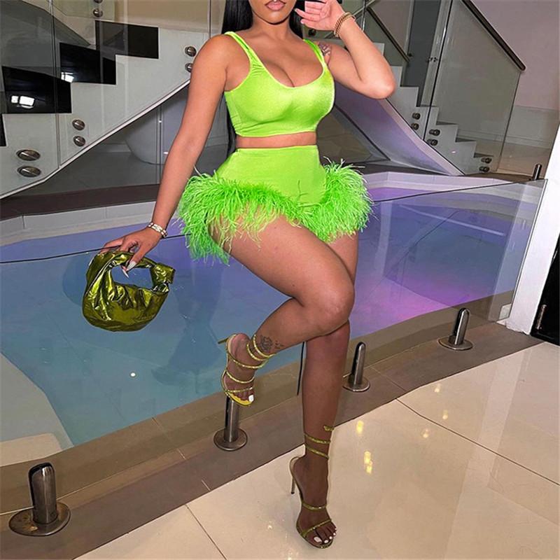 

Women' Tracksuits 2022 Fashion Nightclub Party 2 Piece Sets Sleeveless Mini Crop Top High Waist Feather Shorts Tracksuit StreetwearWomen, Green