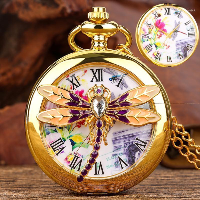 

Pocket Watches Gold Luxury Unisex Necklace Quartz Watch Dragonfly Slim Chain Roman Numeral Dial Exquisite Pendant Clock SouvenirPocket