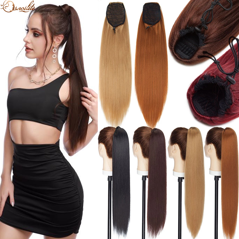 Costume Accessories Synthetic 22inch Afro Yaki Straight Ponytail Clip In Ponytail Hair Extension Drawstring Ponytail Hair For Women-image-772566808