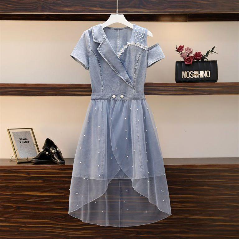 

Work Dresses Plus Size Women Summer Off Shoulder Lace Patchwork Denim High Waist Irregular Beadding Mesh Skirt Suits Koean Robe, 2 piece set