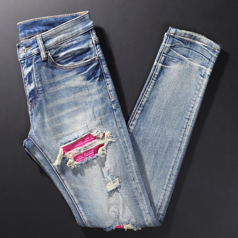 

Men's Jeans Streetwear Fashion Men Retro Light Blue Elastic Destroyed Slim Ripped Patch Designer Brand Hip Hop Denim PantsMen's