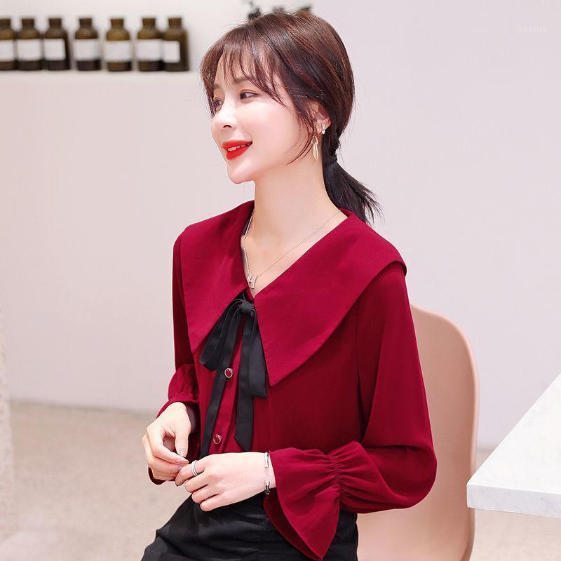 

Women 2022 Spring Autumn Fashion Solid Color Shirts Female Bow Chiffon Blouses Ladies Single-breasted Loose V808 Women, Red