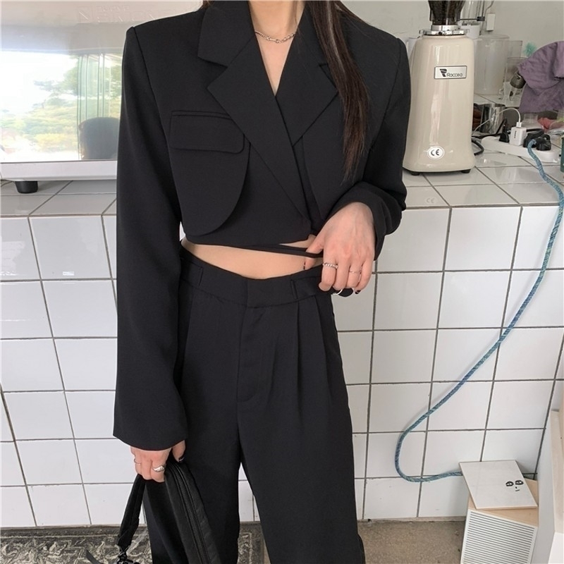

Arrived Spring Pants Suit Office Lady Sexy Lace UP Short Blazer OL Pant 2 Piece Set Female Elegant Casual Outfits 210526, Black
