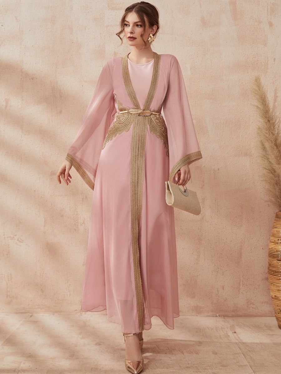 

embroidery Flounce Sleeve Belted Coat & Dress f6Hk#, Dusty pink