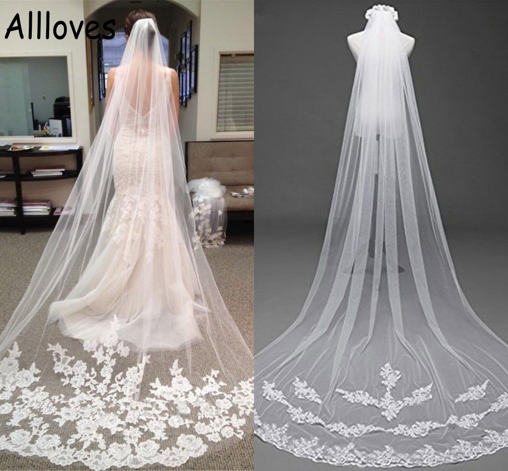 

High Quality3 Meters Tulle Bridal Veils White Ivory Elegant Long Lace Appliqued Wedding Veil In Stock Bridal Hair Accessories AL2314