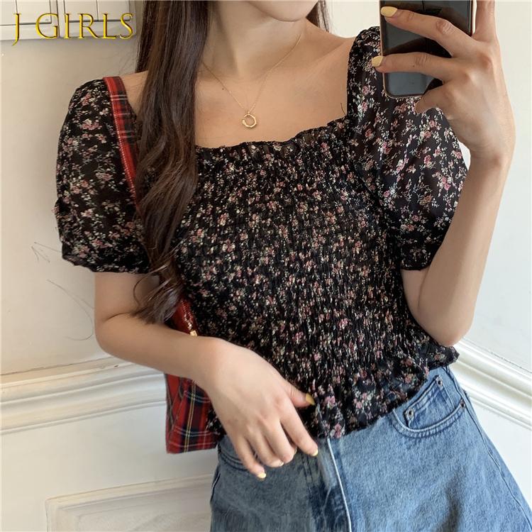

Women's Blouses & Shirts GIRLS Women Spring Retro Casual Tie-Flowers Puff-sleeve Chiffon Floral Slim French Style All-match Simple HarajukuW, Black short sleeve