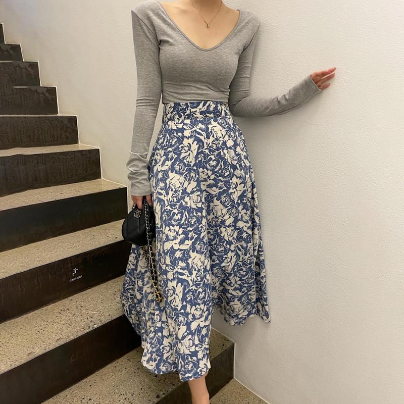 

Casual Dresses Korean Chic Vintage Printed Skirts Women High Waist Slim A-line Mujer Faldas Summer 2022 Elegant All-match Jupe FemaleCasual, Balck tops