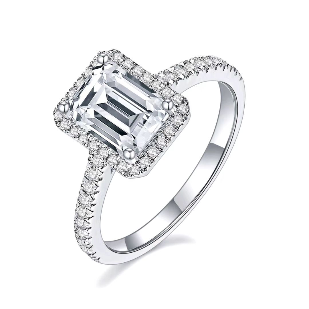 

Halo Emerald Cut Moissanite Women Engagement Ring Trendy Fashion Style Moissanites Stone Ring