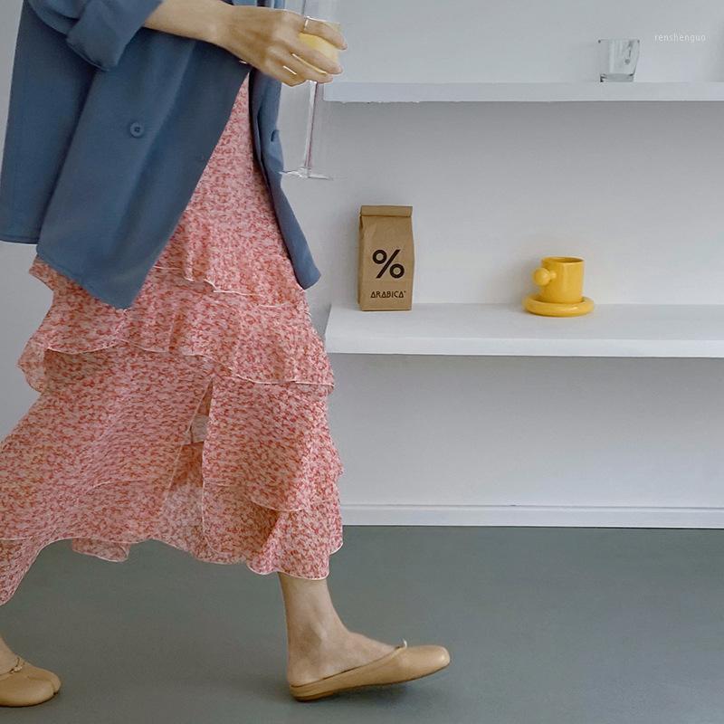 

Skirts Korean Fresh Sweet Floral Print Chiffon Cascading Ruffle Split A-line Women Skirt 2022 Elegant Temperament Summer Faldas, Blue