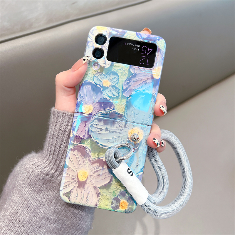 

Cute Cartoon Wristband Hand Rope Blu Ray Silicone Case For Samsung Galaxy Z Flip3 5G Cover Glossy Flowers Phone Bag Capa, Phone case bag
