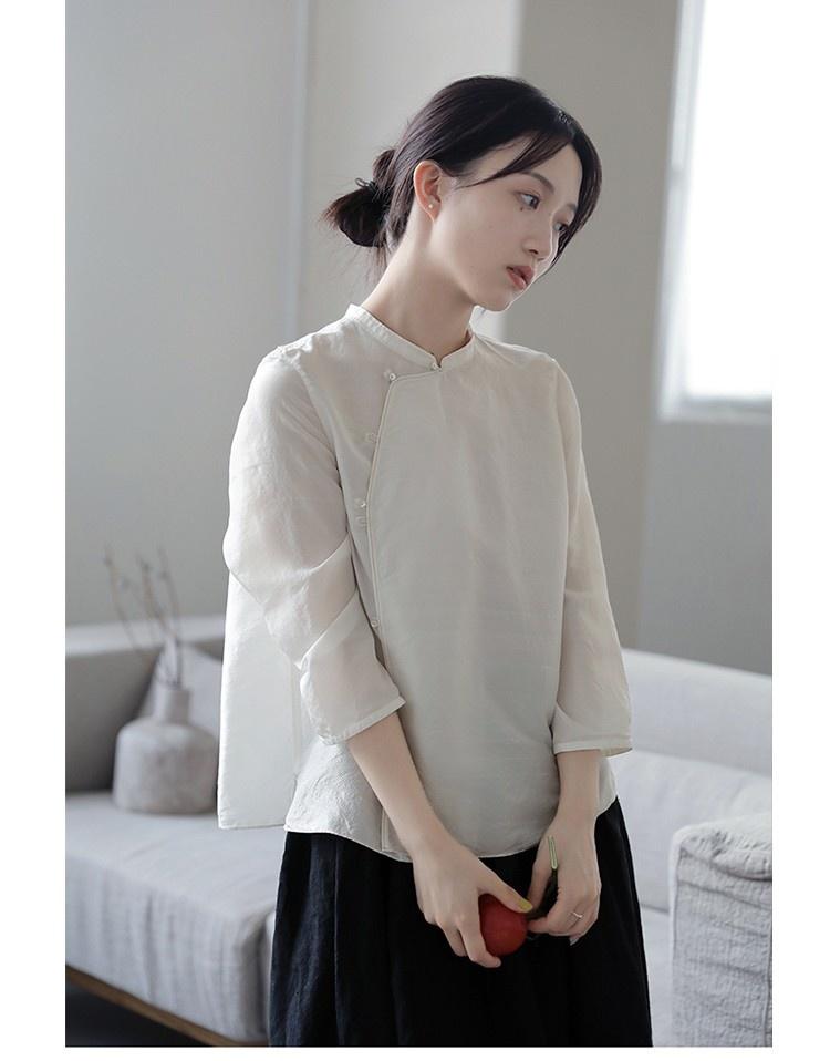 

Women's Blouses & Shirts Autumn 2022 Tussah Silk White Light Stand Collar Inclined Placket Chinese Style Small Shirt Suit S417-18Women's Wom