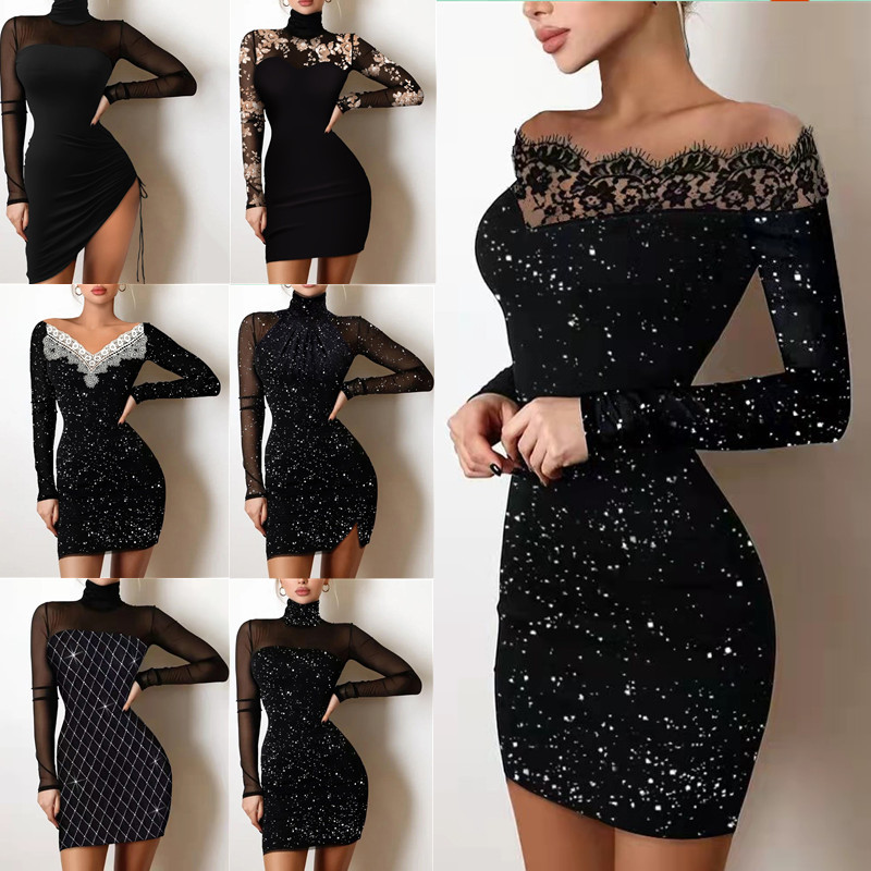 

Summer Women's Dress Fitted Bronze V-Neck Mesh Print Hip Wrap Skirt Black Dresses, Customize
