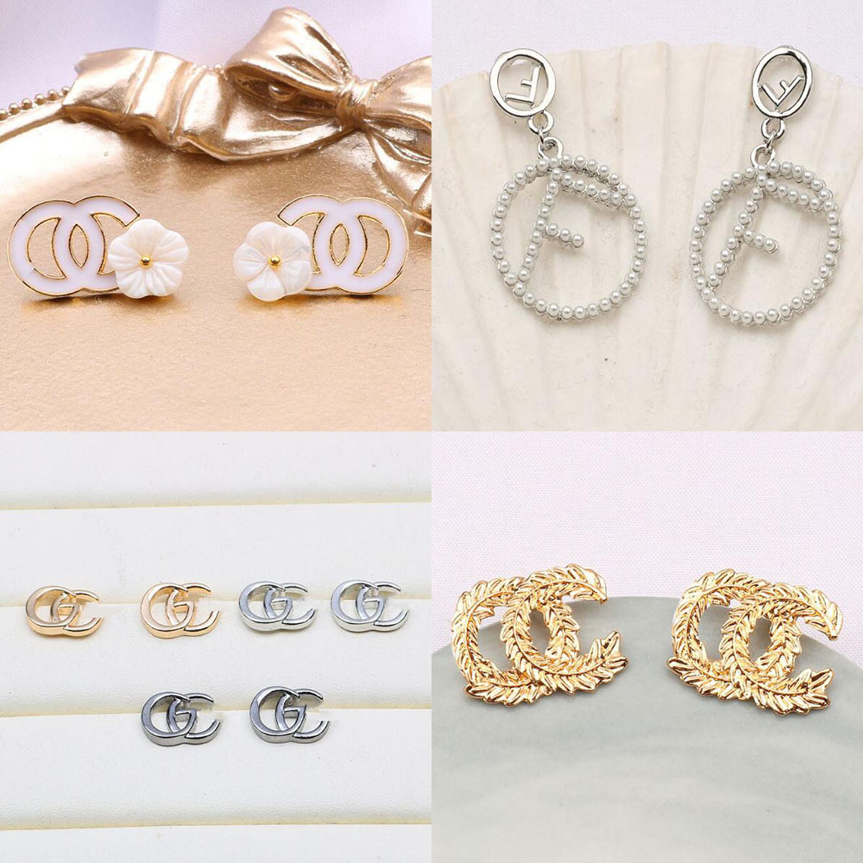 

Wholesale Lots Plated Silver Luxury Brand Designers Letters Stud Geometric Famous Women Round Crystal Rhinestone Pearl Earrings Wedding Party Jewelry