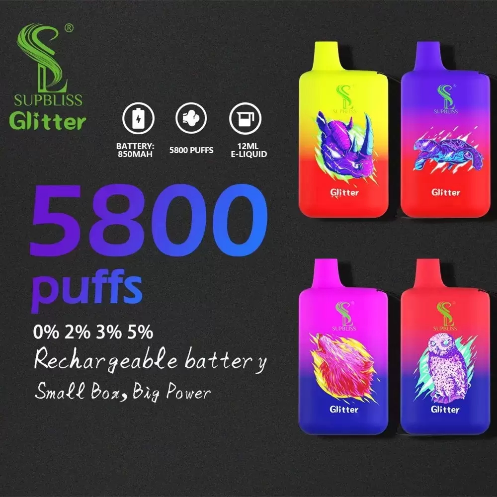 

Original SUPBLISS Glitter 5800 PUFFS Disposable E cigarette 12ml Pre-Filled 850mAh Power Battery Vertical Coil vapes pen starter kit Authentic wholesale