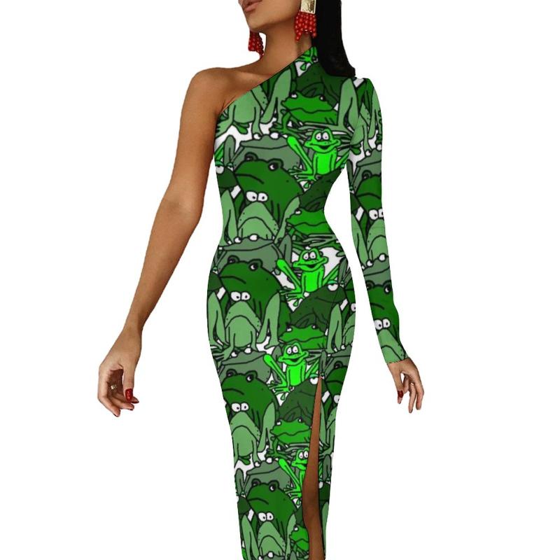 

Casual Dresses Frog Cartoon Bodycon Dress Autumn Funny Many Frogs Green Pattern Elegant Side Split Long Women Print Street Style DressCasual, Style-2