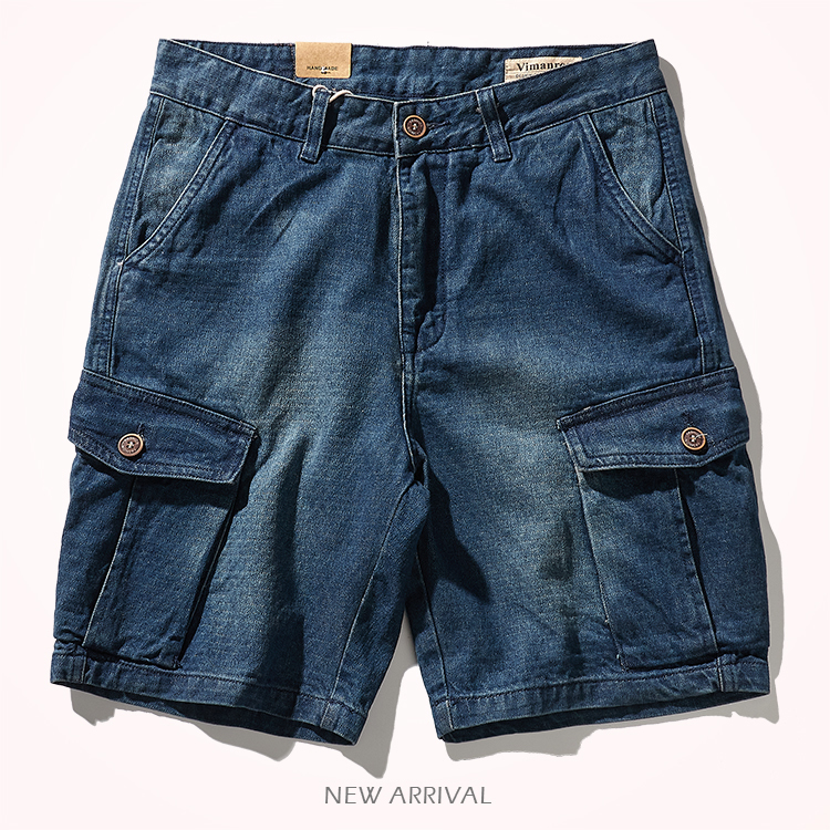 

Summer American Retro Tooling Jeans Shorts Men's Fashion Washed Old Multi-pocketed Loose Casual Denim 5-point Pants, Blue