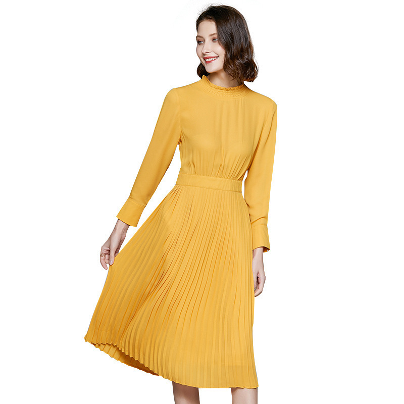 

women's quality fashion medium and long sleeve ear collar lemon yellow slim dress 220418