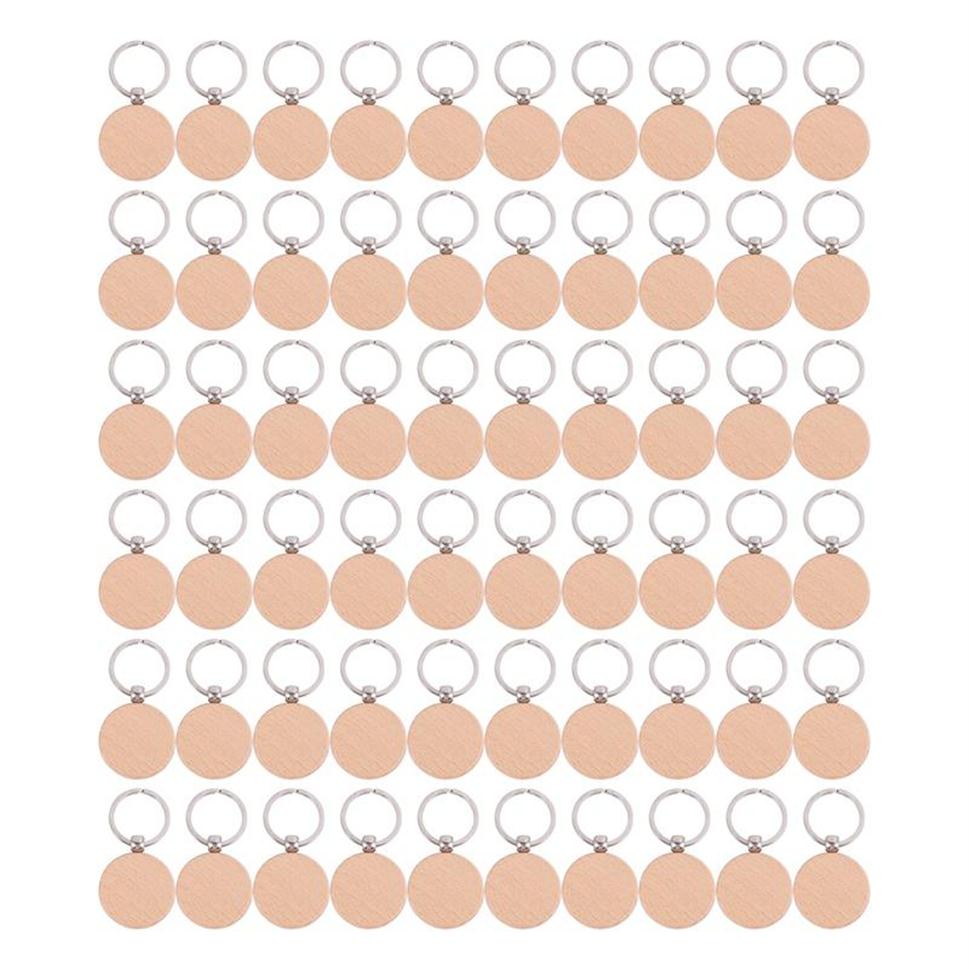 

Keychains 60Pcs Blank Round Wooden Key Chain Diy Wood Tags Can Engrave Gifts186Y