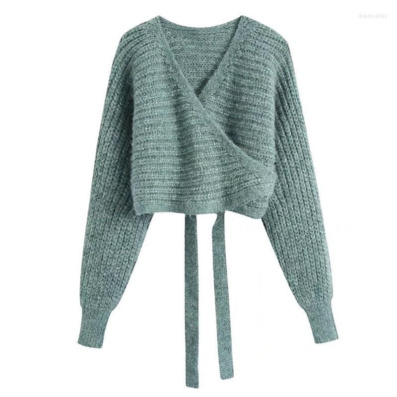 

Women' Knits & Tees MESTTRAF Sexy With Tied Solid Color Wrap Knit Cardigan Sweater Vintage Crossover Neck Long Sleeve Female Outerwear Depe, As picture