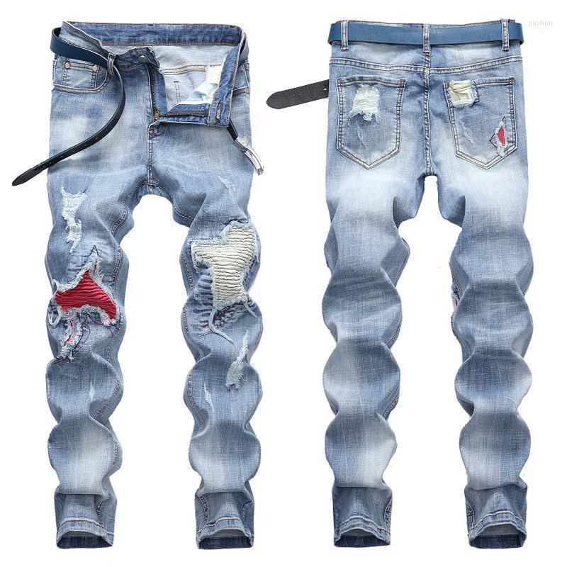 

Fashion Mens Ripped Jeans Light Blue Denim Patchwork Broken Hole Hip Hop Long Pants Male Casual Cowboy Trousers JB9703 Men's