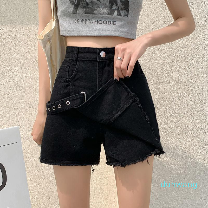 

Women's Jeans Summer Style Denim Shorts High Waist Slimming Loose Wide-legs Plus Size Frayed Skirt Pants, Black