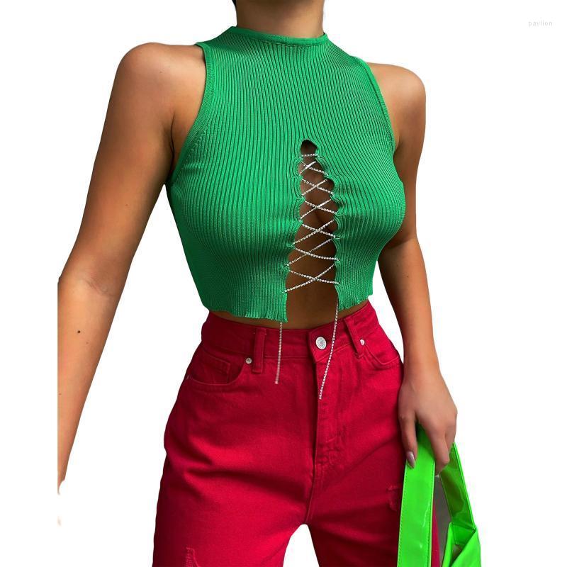 

Women' Tanks & Camis Women Sexy Crop Tops Summer Solid Color Slim Fit Hollow Out Bandage Sleeveless Tank