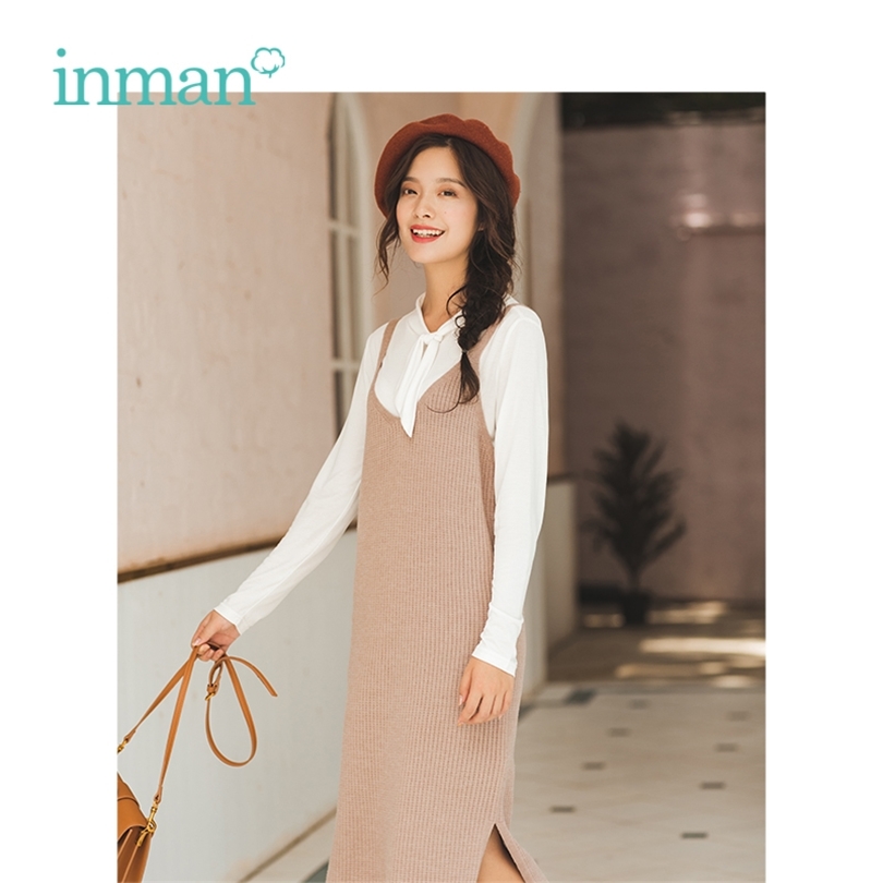 

INMAN Winter New Arrival Lace Stand Collar Shirt Knitting Jumpsuit Dress Woman Twopieces Suits 201110, Pink purple