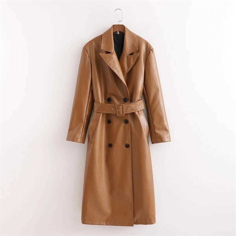 

Women Long Jackets PU Faux Leather Belt Double breasted Long Sleeves Casual Fashion Long woman Coats 210709, As picture