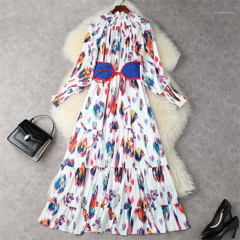 

Casual Dresses Lantern Sleeve Print Chiffon Long Maxi Dress For Women Autumn Clothes Ruffled Collar Elegant Elastic Waist Holiday Robe, White