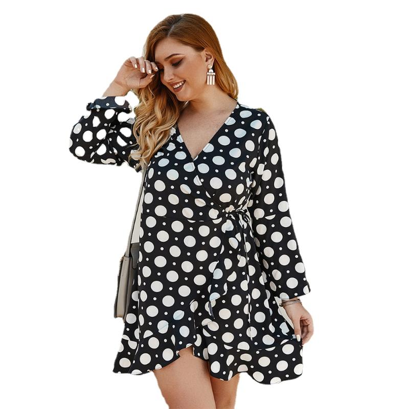 

Plus Size Dresses Female Clothing Summer Casual Print Dot Boho Dress Women 2022 Fashion V Neck Long Sleeve High Waist Loose Mini DressPlus, Black