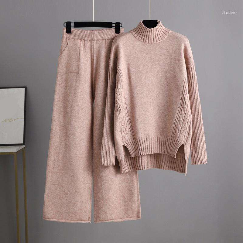 

Women's Two Piece Pants Turtleneck Knitted Suit Pullover Sweaters Trouser Suits Casual Loose Thick Tops And Wide Leg Winter Female Set, 01 gray