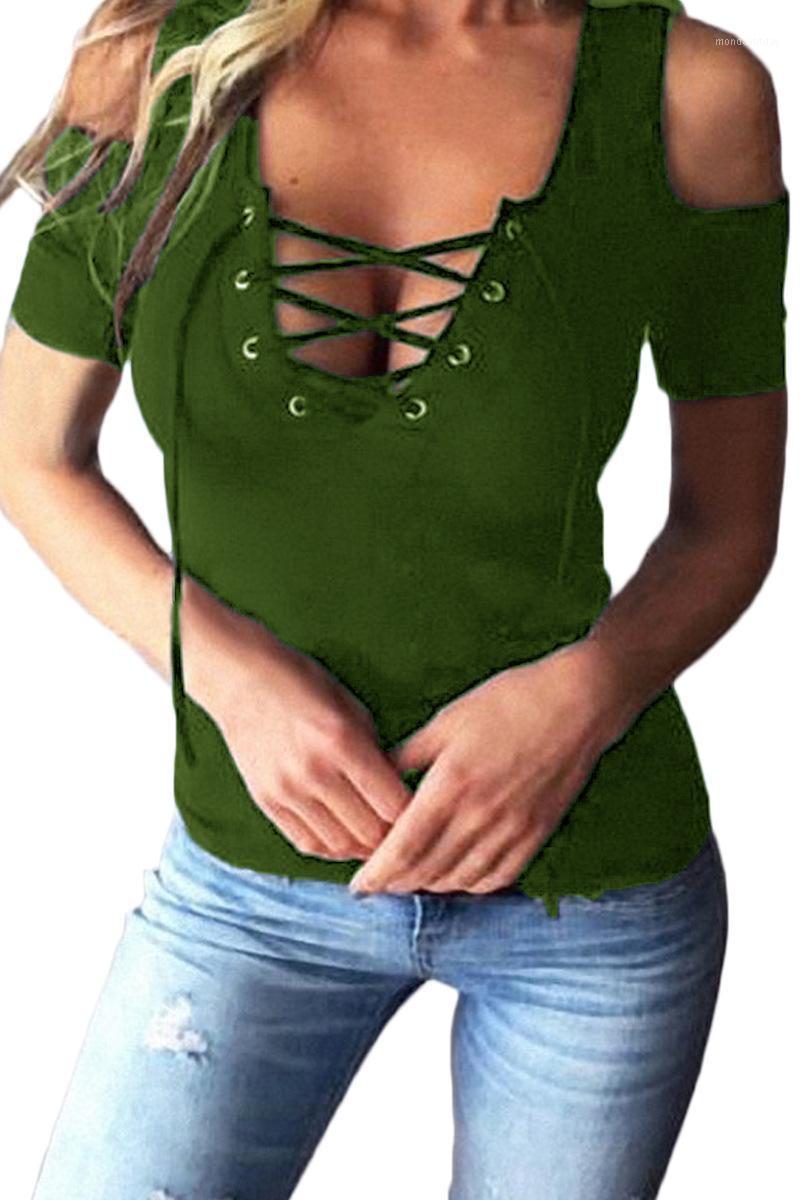 

Women's T-Shirt Women Lace Up Feminina Blusa Slim Fit Vintage Off-Shoulder Blouses Pullover Tee Shirt Summer Ladies Solid Short Sleeve, Black