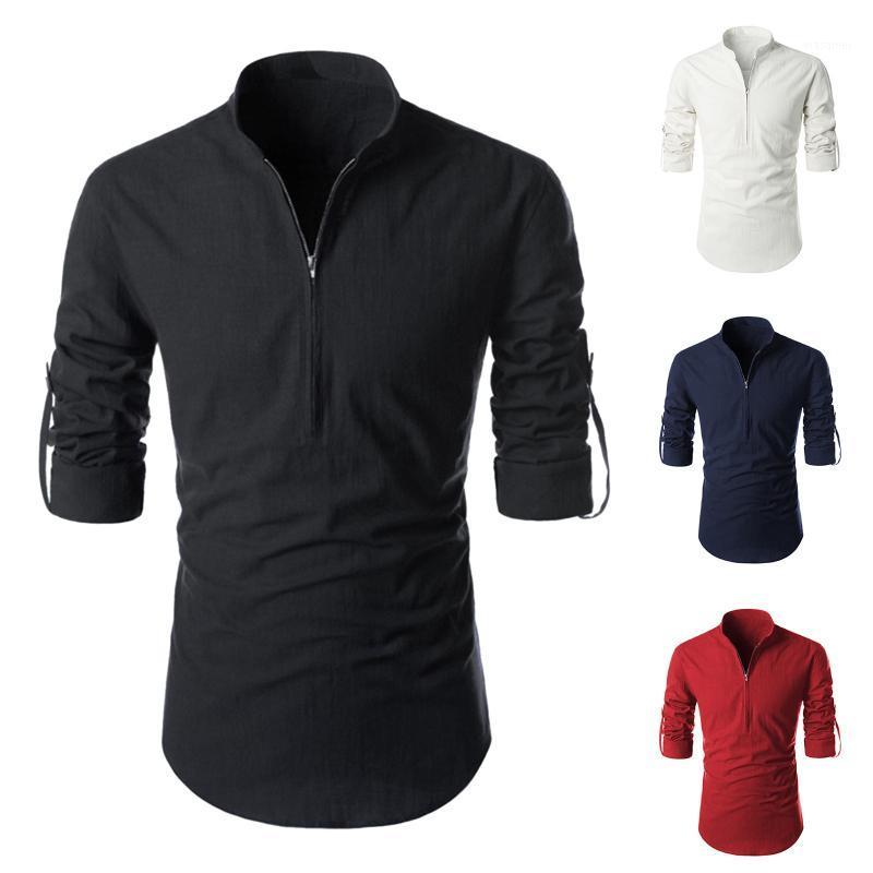 

Men's Casual Shirts Slim Long-Sleeved Zipper Pullover Stand Collar Solid Color Shirt 2022 Spring Autumn Clothing Plus Asian Size #T1G, Navy