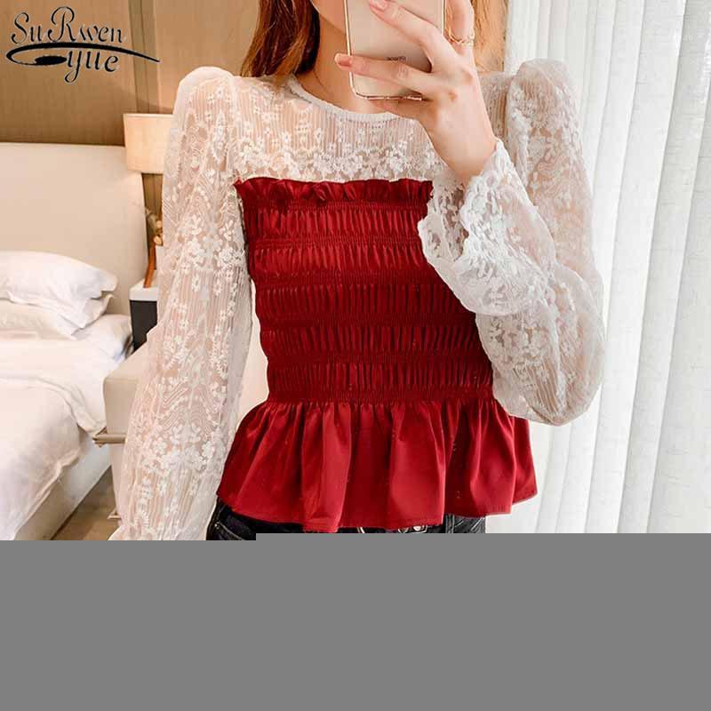 

Autumn Puff Long Sleeve Blouses Women Sweet O-neck Pleated Shirts Lace Stitching Slimming Pullover Waist Ruffled Tops 11908 Women, Black