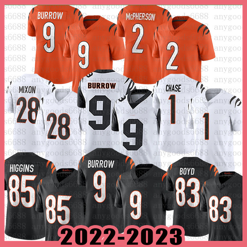 

28 Joe Mixon 9 Joe Burrow Football Jersey 2 Evan McPherson Ja'Marr Chase Tee Higgins Trey Hendrickson Jessie Bates III Sam Hubbard Logan Wilson Tyler Boyd, Mens-mh