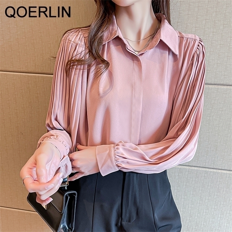 

QOERLIN Pleated Sleeves Chiffon Blouse OL Lantern White Shirt Plus Size Single-Breasted Top 2XL 220402, Pink