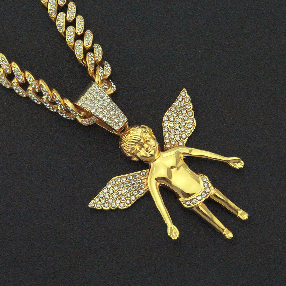 

Hip hop diamond Angel Wing Pendant Necklace Cuba chain fashion personality domineering rap accsori