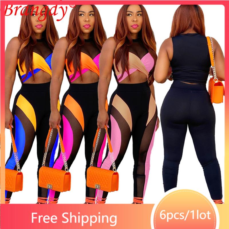 

Women' Two Piece Pants 6sets Bulk Items Wholesale Lots Sexy Crop Top Vest Outfits Set Fashion Sleeveless Patchwork Tracksuit B9312Women, Blue
