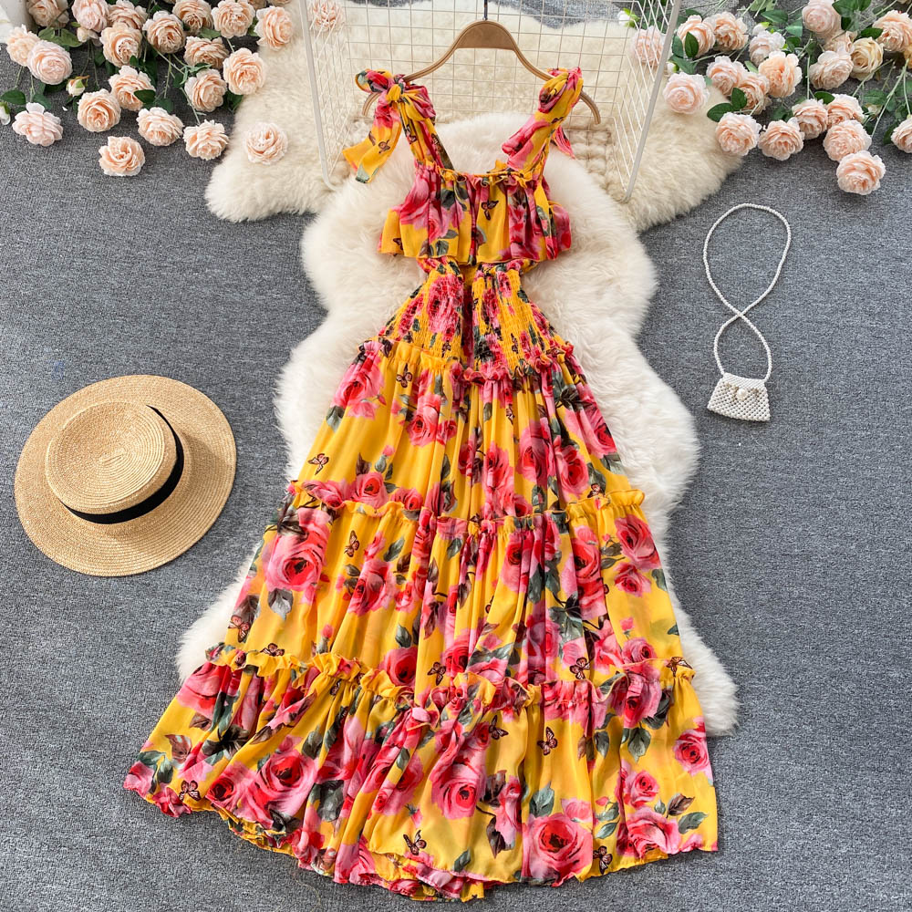 

2022 Summer Bohemain Big Swing Chiffon Dress Women's Bow Spaghetti Strap Floral Print Ruffles Elastic Cascading Dress, Same as picture