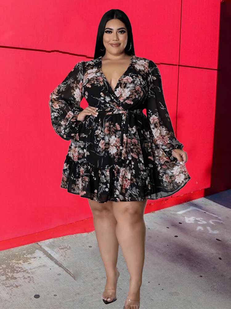 

Plus Size Dresses For Women 2022 Elegant 5xl Ladies Long Sleeve Sexy Floral Short Dress Wholesale Bulk DropPlus, Black