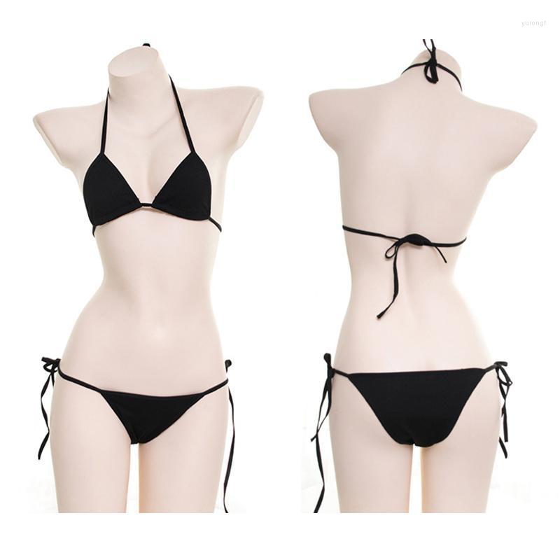 

Bras Sets Plus Size Women's Erotic Lingerie Japanese Lace-up Halter Bikini Kawaii Bra Thong Sexy Underwear Lolita Adult Cosplay Costume, Black bikini