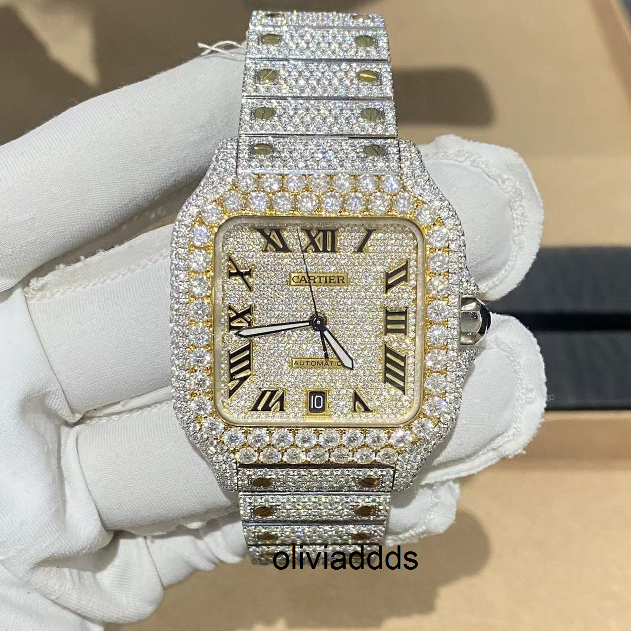 

Hip Hop 22k Gold Plated Micro Cz Stainless Steel Wrist Men's Luxury Watch X4QG, Moissanite black
