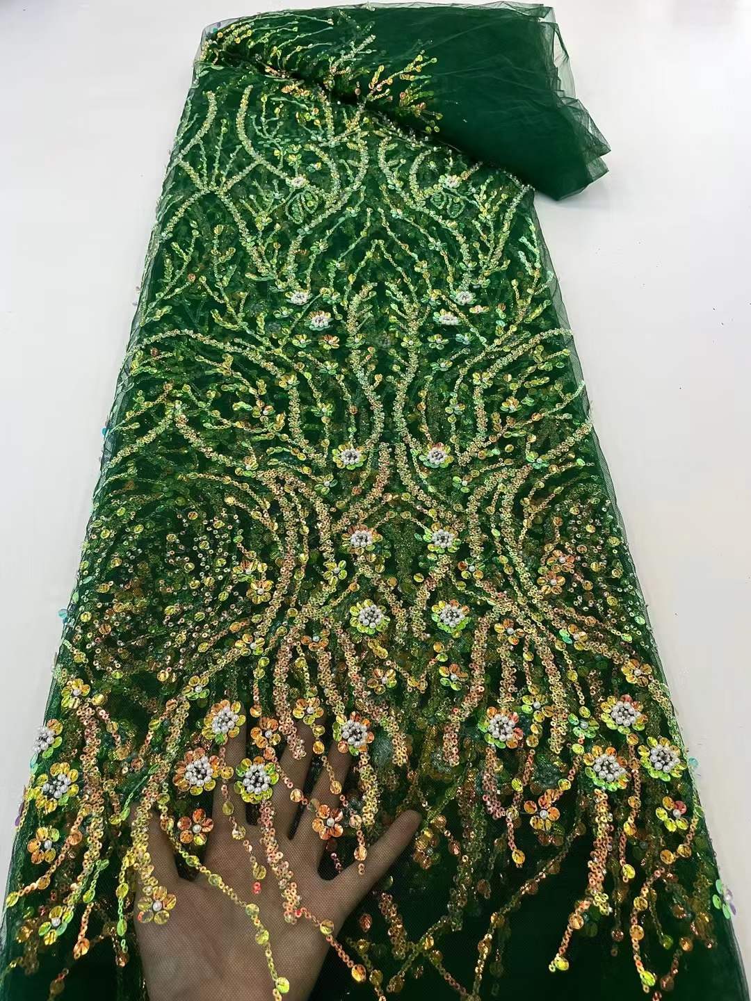 

2022 Luxury Beaded Lace Fabric Crystal Handmade Tulle Mesh Sequins LaceS Fabrics Nigerian For Wedding