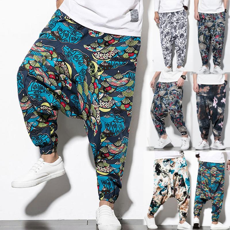 

Men's Pants Pant Loose Style Printing Casual Cotton Long Men's Patchwork Vintage Linen PantsMen's, White