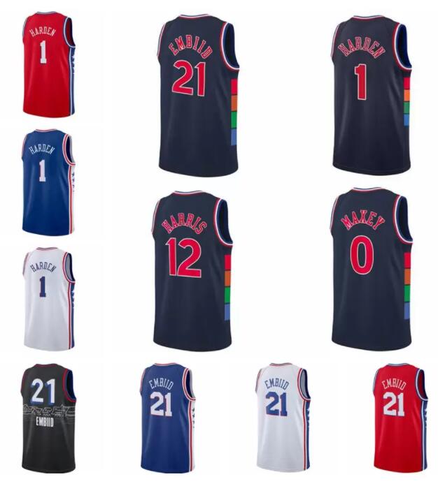 

Basketball jersey Joel Embiid #21 James Harden #1 Tyrese Maxey #0 Harris #12 white red white 2021-22 city jerseys Men youth S-2XL, With logo
