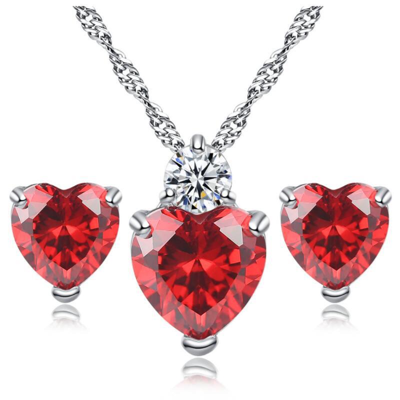

Bracelet Earrings & Necklace Fashion 925 Silver Jewelry Set Charm Love Heart Red Crystal Zircon Earring Sets For Women Christmas GiftBracele, As pic